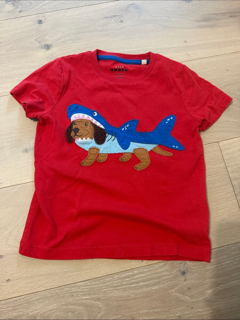 Boden Red Tee with Blue Shark-Dog Appliqué